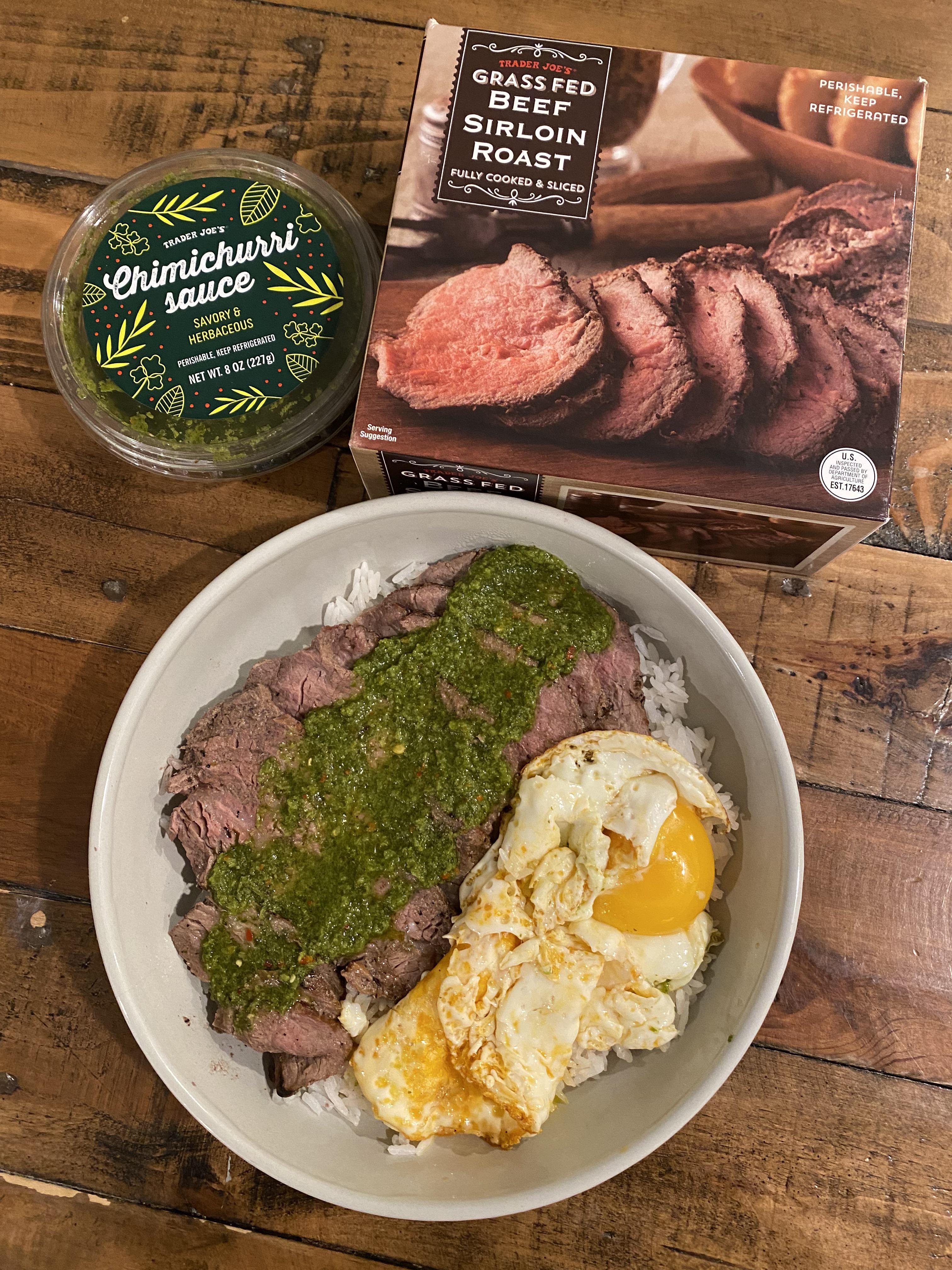 TJ's beef sirloin with chimichurri sauce and eggs for dinner : r ...